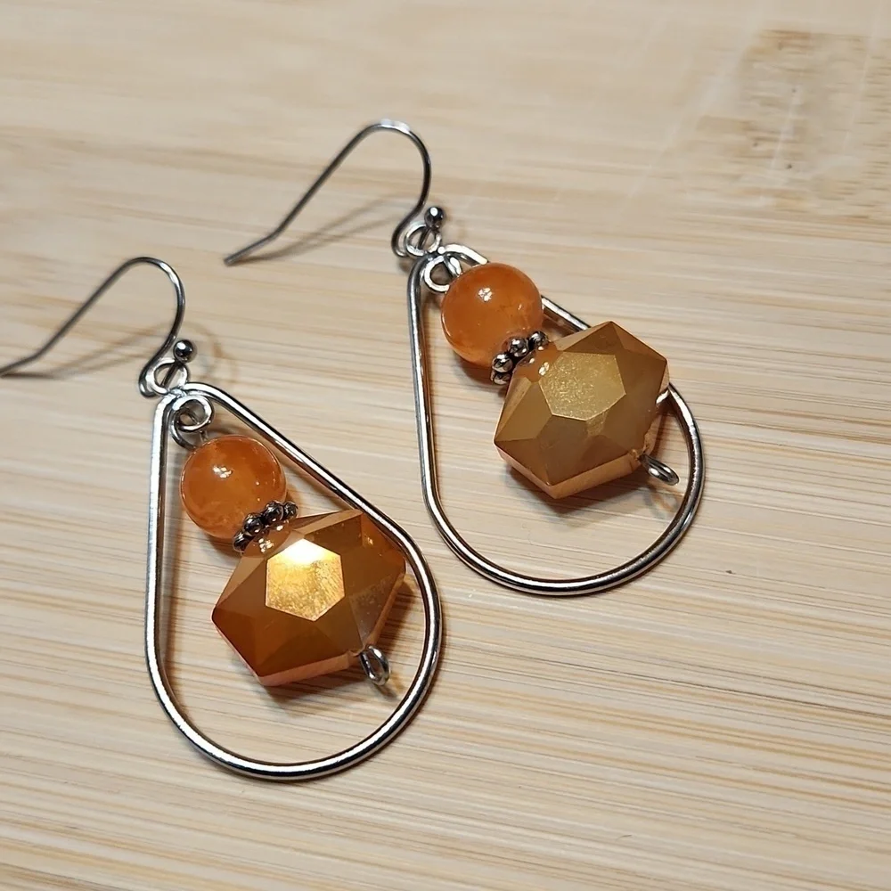 Hand Crafted Necklace and Pierced Orange Beaded Earrings Silver Accents